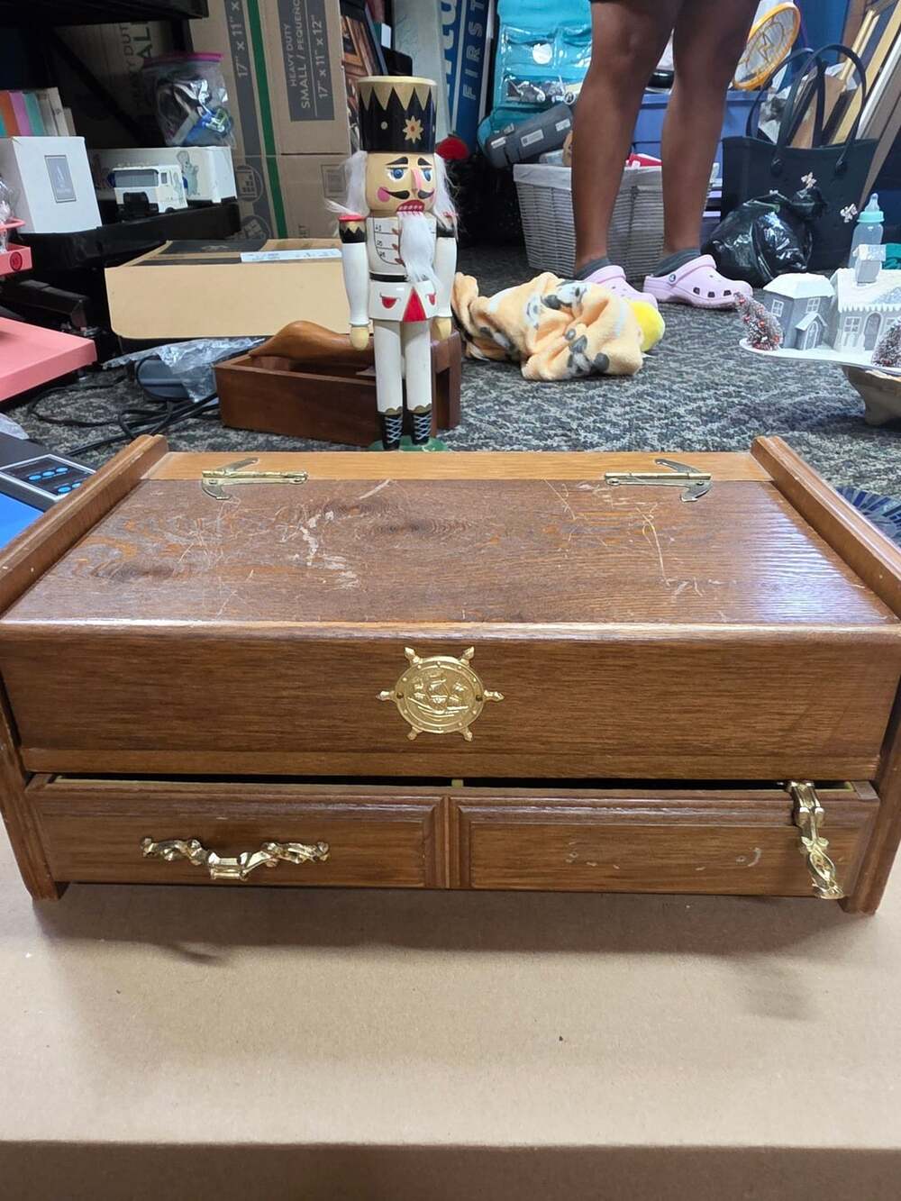 Vintage Wooden Jewelry Chest Box Brass Accents